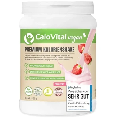 Afbeelding van CaloVital hoog calorisch drinkvoer, veganistisch, astronautenvoeding, met koolhydraten, eiwitten, vitaminen en mineralen, gedoseerd, 500 g, aardbei