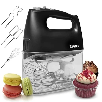 Afbeelding van Duronic HM4 BK Elektrische handmixer 400 W, 5 snelheden met turbo functie, opbergvak, 2 kloppers, kneedhaken en 1 garde, zwart