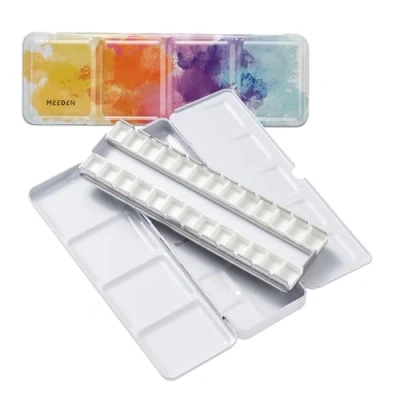 Afbeelding van MEEDEN Leeg aquarelpalet met zak: aquareldoos voor op reis van metaal 24 halve containers draagbaar schilderpalet kunstenaars en schilderliefhebbers