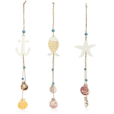 Afbeelding van COM FOUR® 3 x houten hangdecoratie met zeester, vis en anker, decoratieve schelpen om op te hangen, maritieme decoratie voor thuis (3 stuks, 35 5,5 cm)