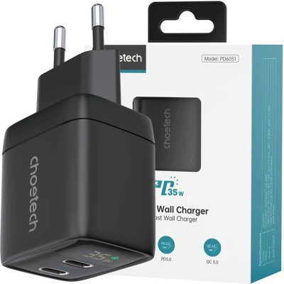 Afbeelding van Choetech PD6051 USB C PD 35W GaN wandlader met display zwart