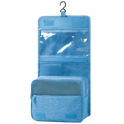 Image de AiQInu Trousse de Toilette, Pliable Grande Toilette Voyage pour Hommes et Femmes,Multifonction Imperméable Sac Cosmétique Organisateur avec Crochets, Bleu Ciel, Home