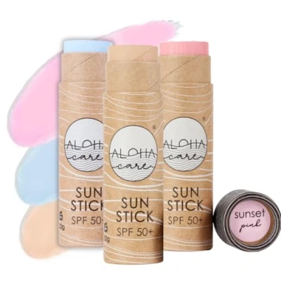 Afbeelding van Aloha Sun Stick SPF 50+, gekleurde minerale zonnebrandcrème om te surfen, milieuvriendelijke papieren tube, 3 x 20 g (3 verpakkingen), blauw + roze beige