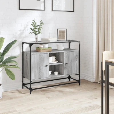 Afbeelding van Dressoir met glazen blad 98x35x81 cm bewerkt hout grijs sonoma