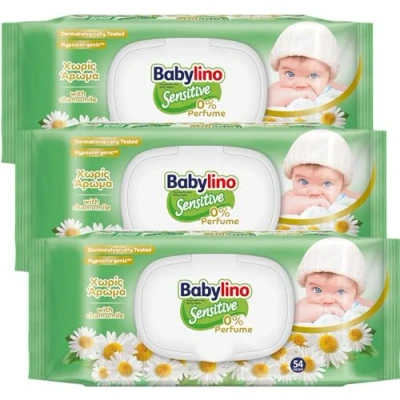 Afbeelding van Babylino Sensitive babydoekjes 0% parfum, 98% natuurlijke formule die de pH waarde van huid herstelt, 3 verpakkingen met versheidssluiting, 162 doekjes