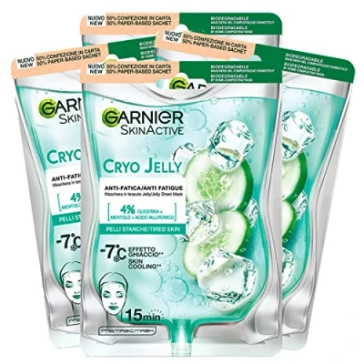 Afbeelding van Garnier SkinActive Cryo Jelly Ice Effect Anti vermoeidheid gezichtsmasker met hyaluronzuur verstevigende behandeling voor vermoeide en doffe huid, veganistische formule, 5 verpakkingen
