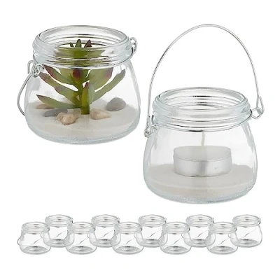 Afbeelding van Relaxdays windlicht set van 12 theelichthouder binnen glazen kaarsenhouder rond