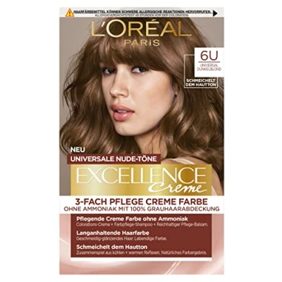 Afbeelding van L&#039;Oréal Paris Permanente kleuring voor alle huidtinten, zonder ammoniak, universele nude tinten met volledige afdekking van grijs haar, crèmekleurig, nr. 6U donkerblond (Blond), 1 stuk