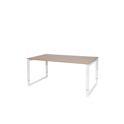 Afbeelding van Domino Plus bureau, hoogte instelbaar (62 85cm) met 160x90cm &#039;zwevend&#039; havana/ kersen licht 25mm blad en wit (RAL9010) O poot frame