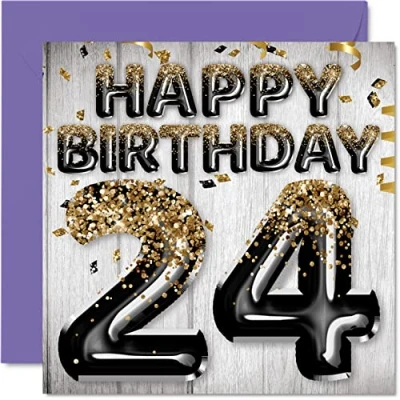 Image de Stuff4 Carte de 24e anniversaire pour homme Ballons noirs et dorés Cartes d&#039;anniversaire 24 ans, fils, frère, oncle, cousin, 145 mm x