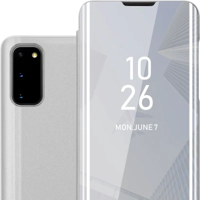 Afbeelding van Cadorabo Hoesje geschikt voor Samsung Galaxy S20 in AGAAT ZILVER Clear View Spiegel Beschermende Case met Tribunefunctie 360 Graden Bescherming Book Cover Etui