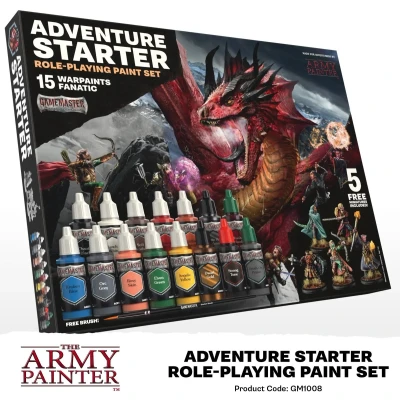 Afbeelding van The Army Painter GameMaster Adventure Starter Role playing Paint Set, 15 x 18 ml Warpaints Fanatic acrylverf, inclusief een primer om met kwast aan te brengen, 5 gratis miniaturen en 1 penseel