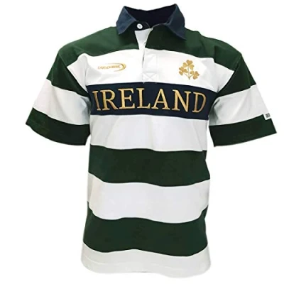 Afbeelding van Lansdowne Rugby shirt met korte mouwen Ierse strepen/wit/goud, flessengroen, wit, goud
