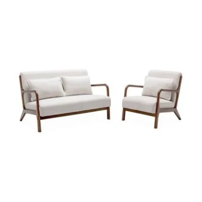 Afbeelding van sweeek 2 zitsbank + houten fauteuil met bouclé stof, 65x80x79, bank 124x83x77