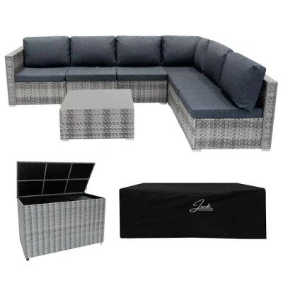 Afbeelding van Rotan Modulaire Hoek Tuinmeubelen Tuinset 7 Delige Set 700L Opbergkist Grijs 5 Zits Zitbank Sectionele stoelen met Kussens Salontafel Waterdichte Hoes Voering Gasveren Hefmechanisme Wielen Buiten