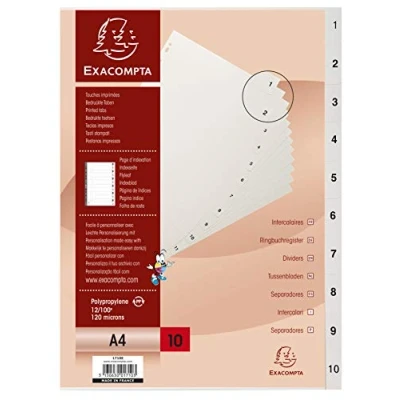 Afbeelding van Exacompta Ref. 1710E Verdeelschotten van gerecycled polypropyleen met 10 digitale bedrukte tabs 1 tot DIN A4 afmetingen: 22,5 x 29,7 cm, blauwe engel gecertificeerd