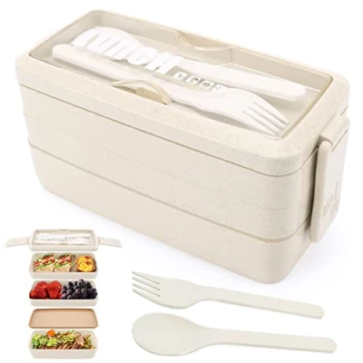 Afbeelding van Bento lunchbox 3 lagen voor volwassenen, 4 in 1 met vork en lepel, 1000 ml, voedselopslagbox mannen, vrouwen, studenten, school, kantoor, magnetronbestendig, vaatwasmachinebestendig (beige)