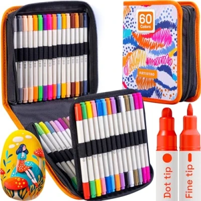 Afbeelding van ARTISTRO 60 kleuren acrylverfpennen, kunstset acryl verfmarkers Dual Tip fijn 1 mm + punt 5 mm), markers voor stof, canvas, rock, glas, hout, papier, doe het zelf, kinderen en