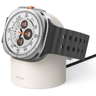 Afbeelding van elago Opladerhouder compatibel met Samsung Galaxy Watch 7/7 Ultra, 6/6 Classic, 5/5 Pro [40/43/44/45/47 mm], nachtmodus, kabelmanagement [kabel niet inbegrepen] (steen)