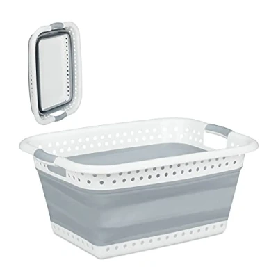 Afbeelding van Relaxdays opvouwbare wasmand plastic kunststof mand voor wasgoed inklapbaar 37 L grijs