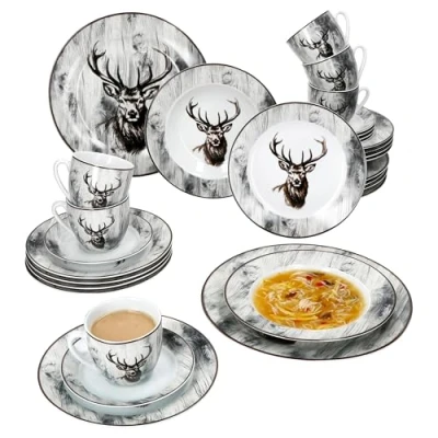 Afbeelding van MamboCat Alois 30 delig porseleinen tafelservies met hertenmotief voor 6 personen, kopjes 200 ml, schoteltjes, taartborden, soepborden en platte borden