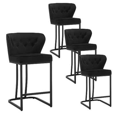 Afbeelding van WOLTU Set van 4 barkrukken met rugleuning, eetkamerstoel voetensteun, ergonomische stoel voor keuken, slaapkamer, woonkamer, fluwelen en metalen poten, zwart, BH383sz