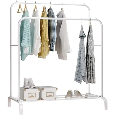 Image de Edihome, Portant a Vetement, Double, 110X150X54 cm, pour Chambre, Robuste, en Métal, avec Support à Chaussures, des Cintres Chemises, Pantalons, Vestes Fines (Blanc)
