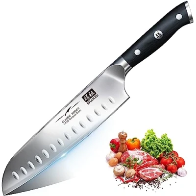 Image de Couteau de Chef Cuisine, SHAN ZU Santoku Allemand Carbone Acier Inoxydable Tranchant Lame 18cm Poignée Ergonomique Coffret Cadeau