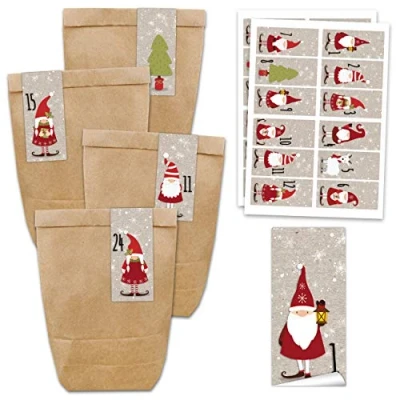 Afbeelding van Papierdrachen Adventskalender 24 bruine papieren zakken en vierkante stickers met Nicolaasmotief om zelf te maken vullen mini set nr. 62 Kerstmis 2018