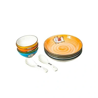 Afbeelding van lachineuse Aziatische maaltijdset Geluksvarken design Geluksbrenger motief Voor 4 personen Kommen, Borden en lepels Decoratie Azië Cadeau idee Japan