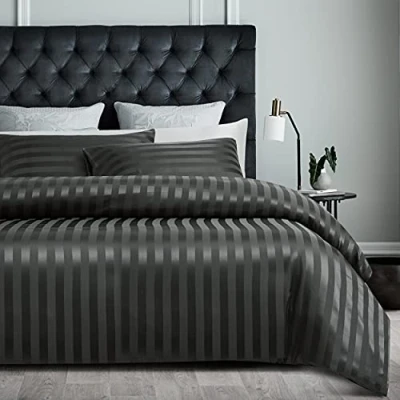 Afbeelding van Damier Satijn beddengoed 200 x cm grijs zijdeglans gestreept set 3 delig hoogwaardig luxe dekbedovertrek met verborgen ritssluiting en 2 kussenslopen 80 cm,