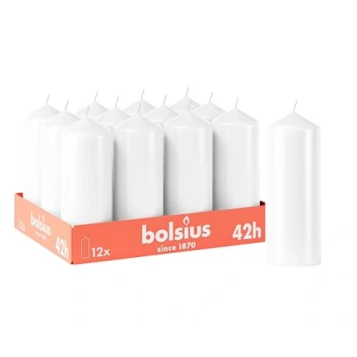 Afbeelding van Bolsius 12 stuks stompkaarsen, glad, wit, 15 x 7 cm, decoratief, brandduur 42 uur, geurvrij, bevat natuurlijke plantaardige was, zonder palmolie