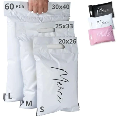 Afbeelding van Vintage verpakking van 60 stuks, 100% ondoorzichtig/ultrabestendig/waterdicht, maat S, M, L, verzendenvelop kunststof, kleding, doos en karton, verzendtas, tas met handvat, bedankt roze