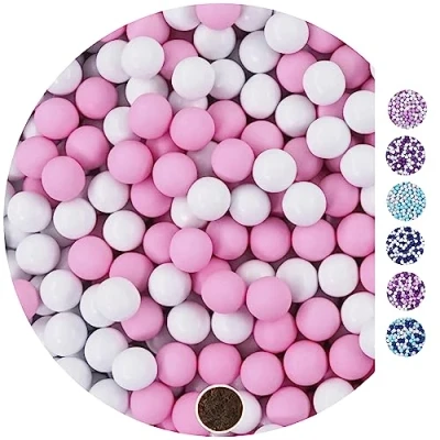 Afbeelding van EinsSein Kleine chocoladeballen (1 kg zak) wit/roze ca. 1 cm gastgeschenken voor bruiloft, doop, communie, perfect reageerbuisjes alternatief chocolade, amandelen