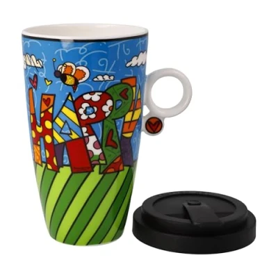 Afbeelding van Goebel Romero Britto Koffie / Thee Mok Happy Beker to go porselein 500ml met deksel