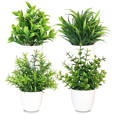 Afbeelding van MEMOFYND 4 stuks kunstplanten van kunststof, kleine groene planten in pot voor thuis, slaapkamer, keuken, kantoor