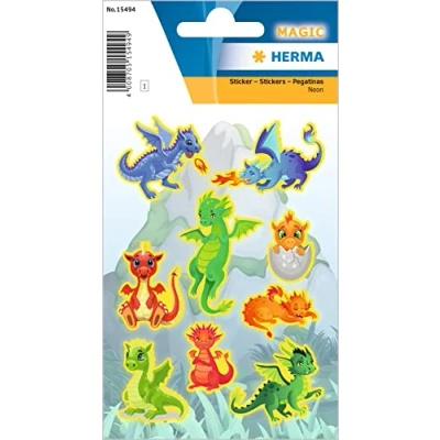 Afbeelding van HERMA 15494 Neon stickers voor kinderen Dragon (9 stickers, mat plastic), permanente motief etiketten meisjes en jongens, meerkleurig