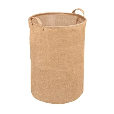 Afbeelding van ronde wasverzamelaar Juna, 100% juten wasmand voor het verzamelen van vuile was in de badkamer en slaapkamer, opbergmand met twee handvatten gemakkelijk transport, Ø 38 x 55 cm, bruin
