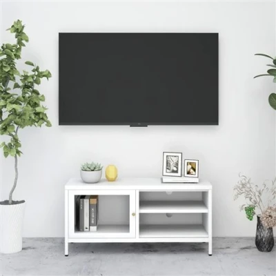 Afbeelding van Tv meubel 90x30x44 cm staal en glas wit