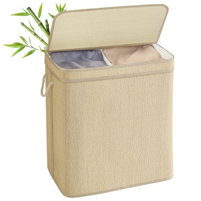 Afbeelding van SONGMICS Wasmand van bamboe, 2 vakken, vuile wasmand, 130 l, afneembare en machinewasbare zak, deksel, handgrepen, wasruimte, slaapkamer, woonkamer, natuurlijke kleur LCB068Y01
