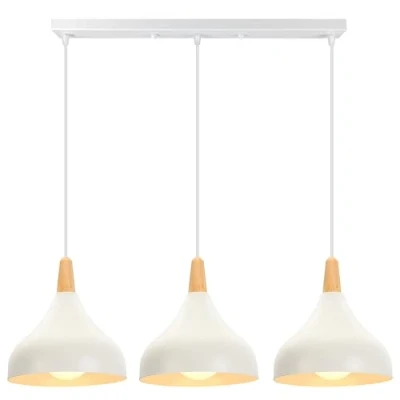 Afbeelding van iDEGU 3 hanglampen, retro, E27, kroonluchter, hanglamp, modern, druppelstijl, hoed, plafondlamp, metaal, hout, plafondlamp voor eetkamer, woonkamer, keuken, Ø 20 cm (wit, stang)