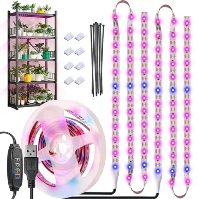 Afbeelding van Groeilichtstrip voor kamerplanten, waterdicht, volledig spectrum, USB, met automatische timer aan/uit, roze, blauw, 120 leds, led kweeklamp kamerplanten (2 m)