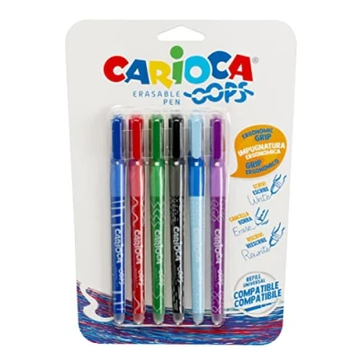 Afbeelding van CARIOCA Oops Navulbare uitwisbare balpennen voor school en kantoor met dubbele gum ergonomische handgreep, verschillende kleuren, 6 stuks