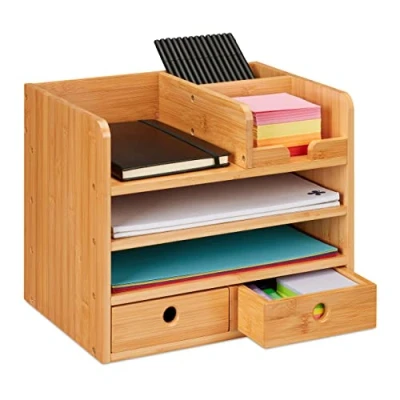 Afbeelding van Relaxdays bureau organizer bamboe met 2 lades desk bureaukastje 5 vakken
