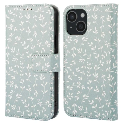 Afbeelding van imoshion Hoesje Geschikt voor iPhone 15 Design Bookcase smartphone Smoke Green Flowers