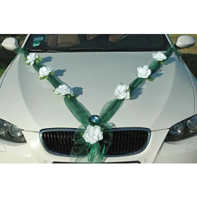 Afbeelding van Autoschmuck organza M autodecoratie voor bruiloft, lint en rozen, zuiver wit/groen