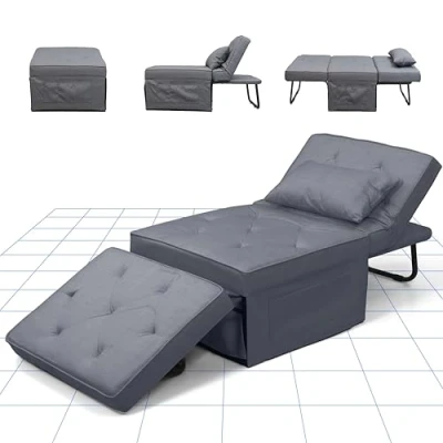 Afbeelding van FLEXISPOT Loungestoel, fauteuil met kruk, inklapbaar, bedfunctie, converteerbaar, slaapstoel, belastbaar tot 300 kg, grijs, 72 x 69 35 cm