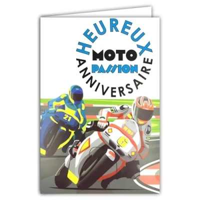 Afbeelding van 69 8110 fluo kaart voor motorfiets, passie, met envelop, 12 x 17,5 cm, illustratie motorrijder, grote cilinderinhoud, GP snelheid, echte inkten, gemaakt en geproduceerd in Frankrijk