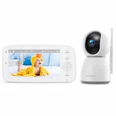 Afbeelding van WOLFANG 1080p babyfoon camera, 5 inch 720P display, babybewakingscamera met rotatie en 360 zoom, geen wifi, nachtzicht, tweeweggesprek, temperatuur, schreeuwdetectie