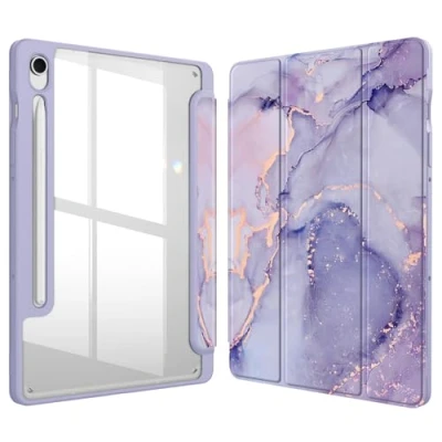 Afbeelding van FINTIE Dunne hybride hoes voor Samsung Galaxy Tab S9 FE 10,9 inch / 11 2023 met S penhouder, transparante achterkant, automatische slaap /waakfunctie, lila marmer
